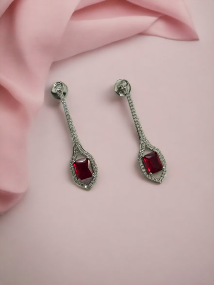 Rhodium Plated American Diamond Geometric Open Frame Drop Earrings