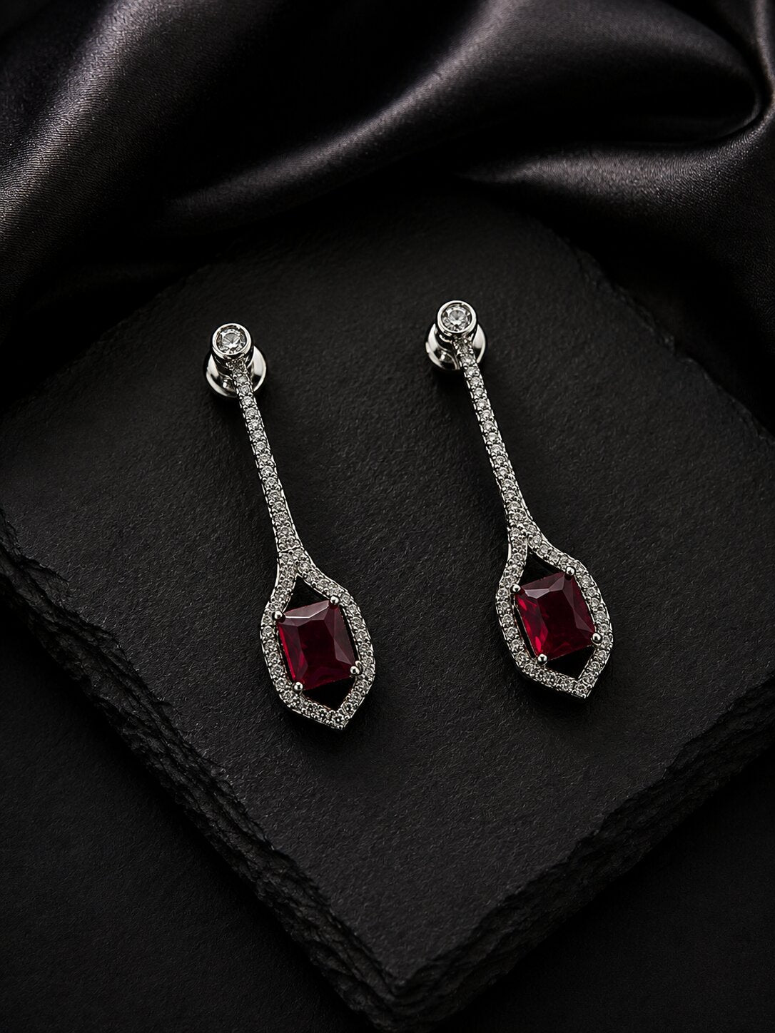 Rhodium Plated American Diamond Geometric Open Frame Drop Earrings