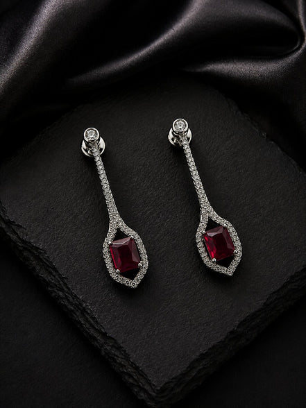Rhodium Plated American Diamond Geometric Open Frame Drop Earrings