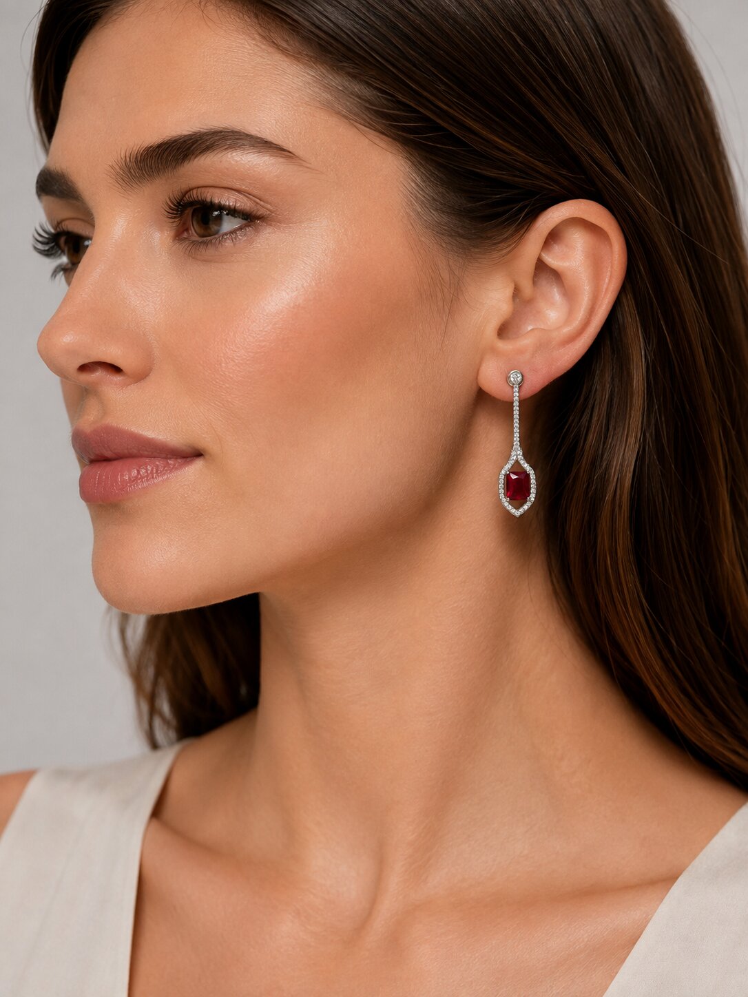 Rhodium Plated American Diamond Geometric Open Frame Drop Earrings
