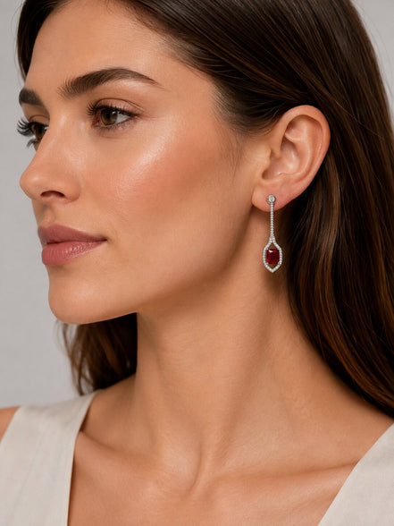 Rhodium Plated American Diamond Geometric Open Frame Drop Earrings