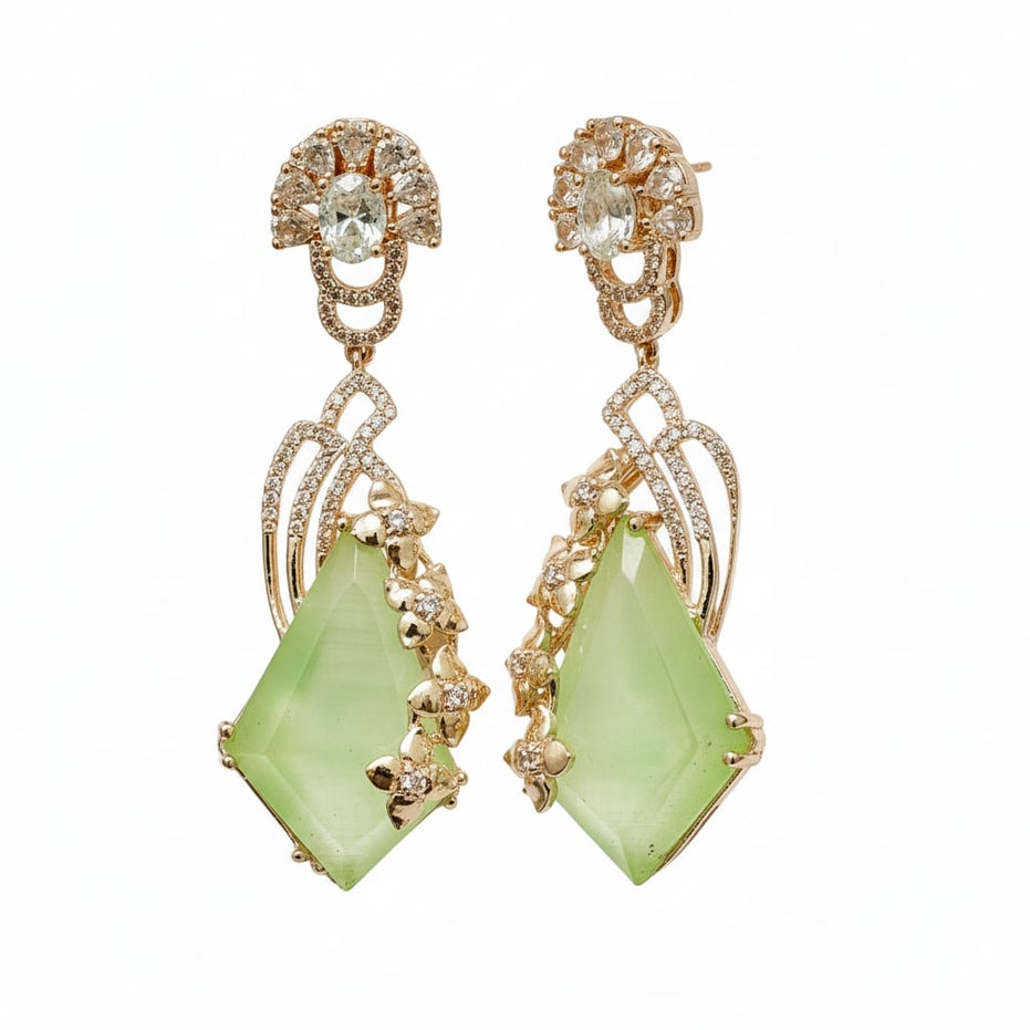 Gold Plated Geometric Leaf & Kite Shape Drop Earrings with Stone Studded Design