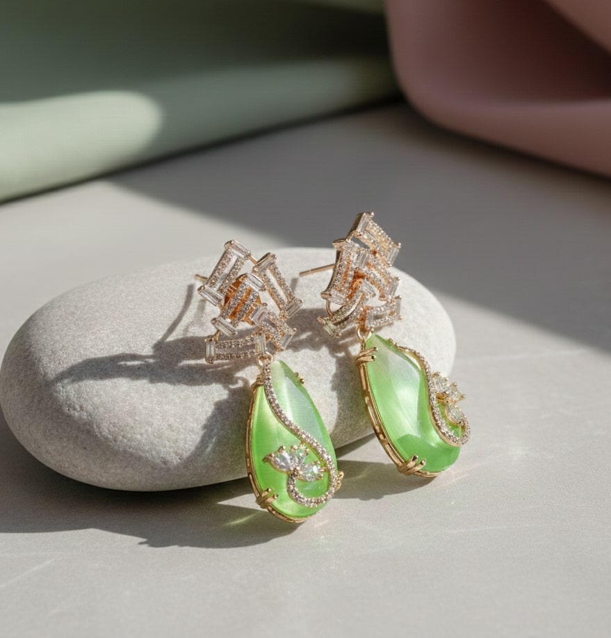 Gold Plated CZ Teardrop Drop Earrings with Geometric Layered Design