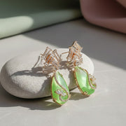 Gold Plated CZ Teardrop Drop Earrings with Geometric Layered Design