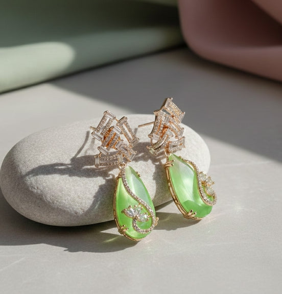 Gold Plated CZ Teardrop Drop Earrings with Geometric Layered Design