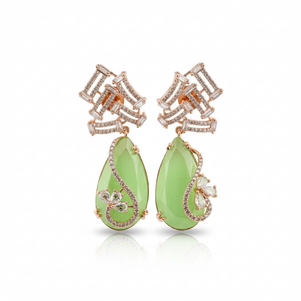 Gold Plated CZ Teardrop Drop Earrings with Geometric Layered Design