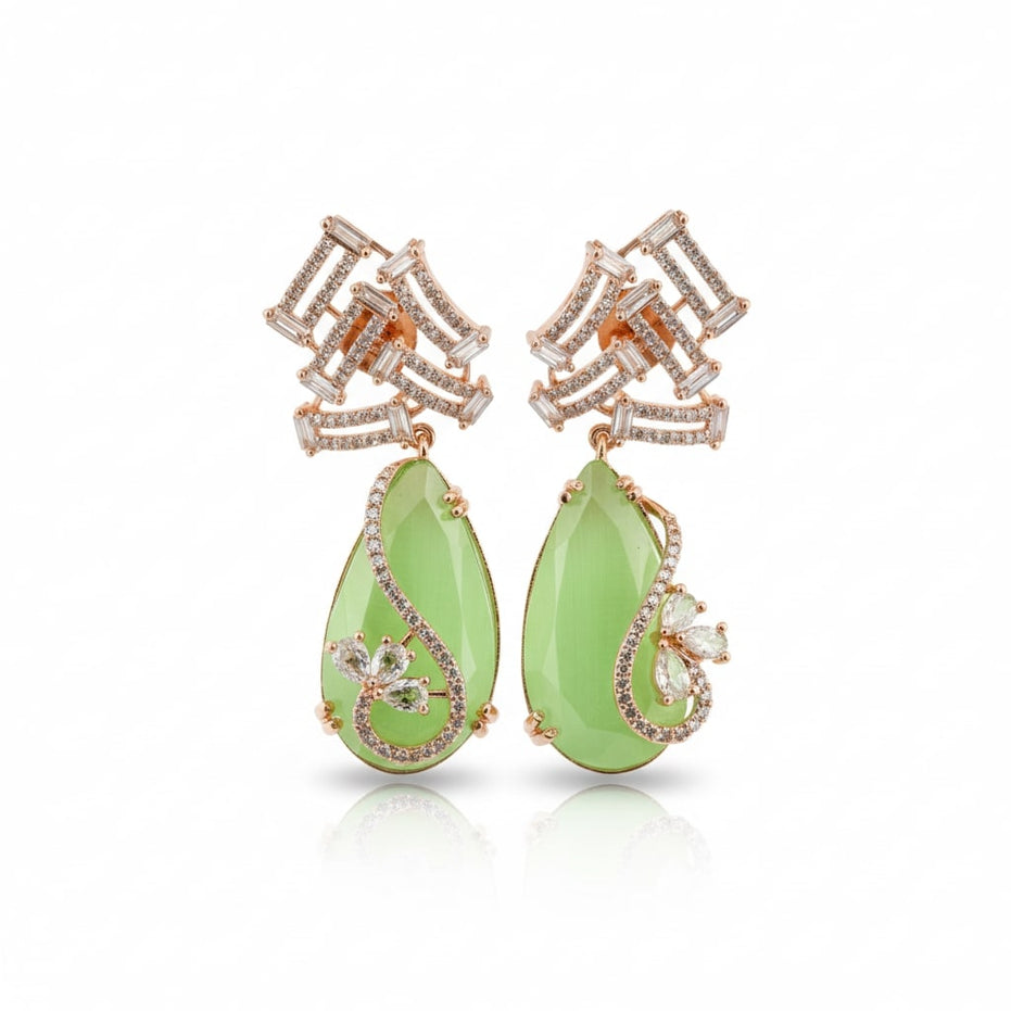 Gold Plated CZ Teardrop Drop Earrings with Geometric Layered Design