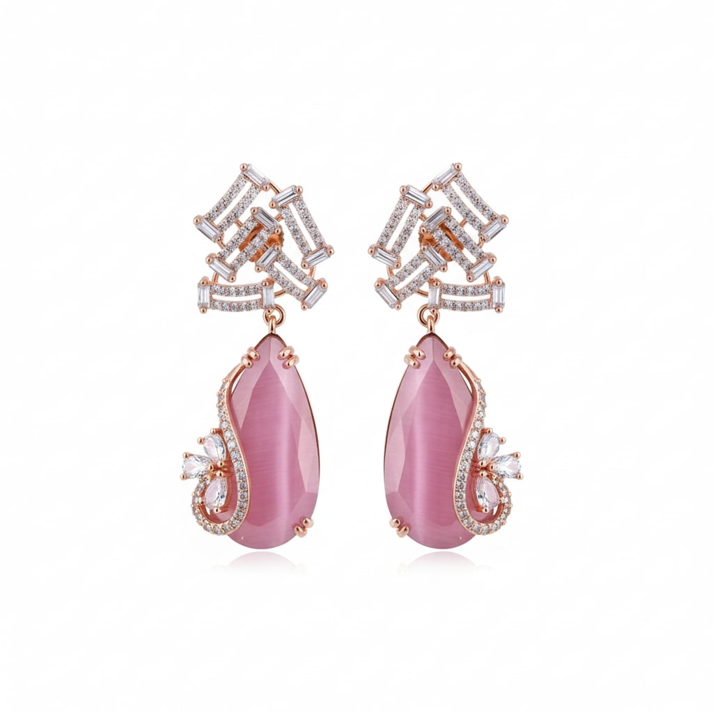 Gold Plated CZ Teardrop Drop Earrings with Geometric Layered Design