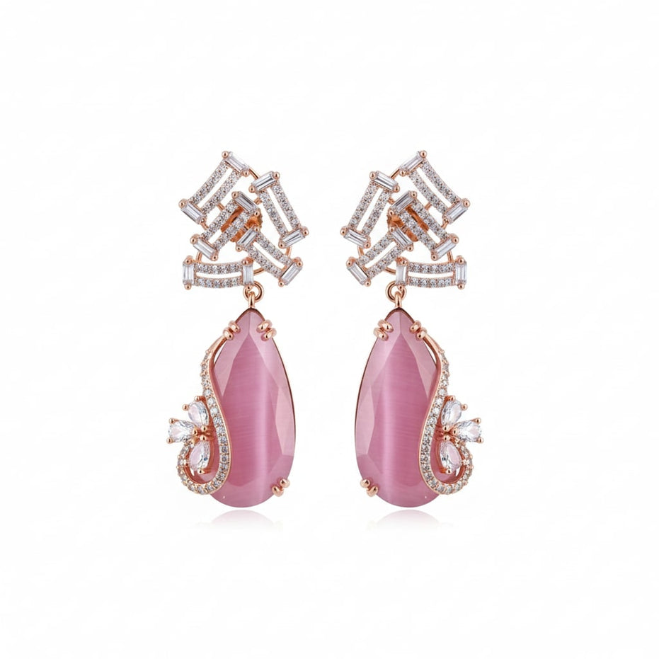 Gold Plated CZ Teardrop Drop Earrings with Geometric Layered Design