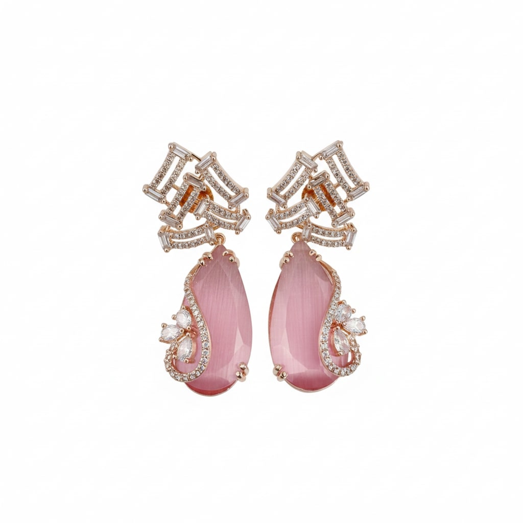 Gold Plated CZ Teardrop Drop Earrings with Geometric Layered Design
