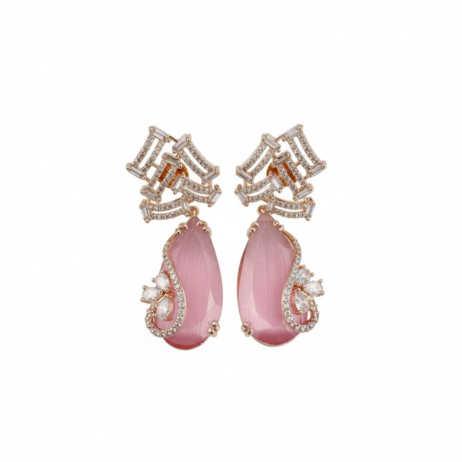 Gold Plated CZ Teardrop Drop Earrings with Geometric Layered Design