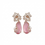 Gold Plated CZ Teardrop Drop Earrings with Geometric Layered Design