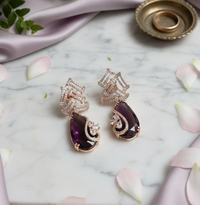 Gold Plated CZ Teardrop Drop Earrings with Geometric Layered Design