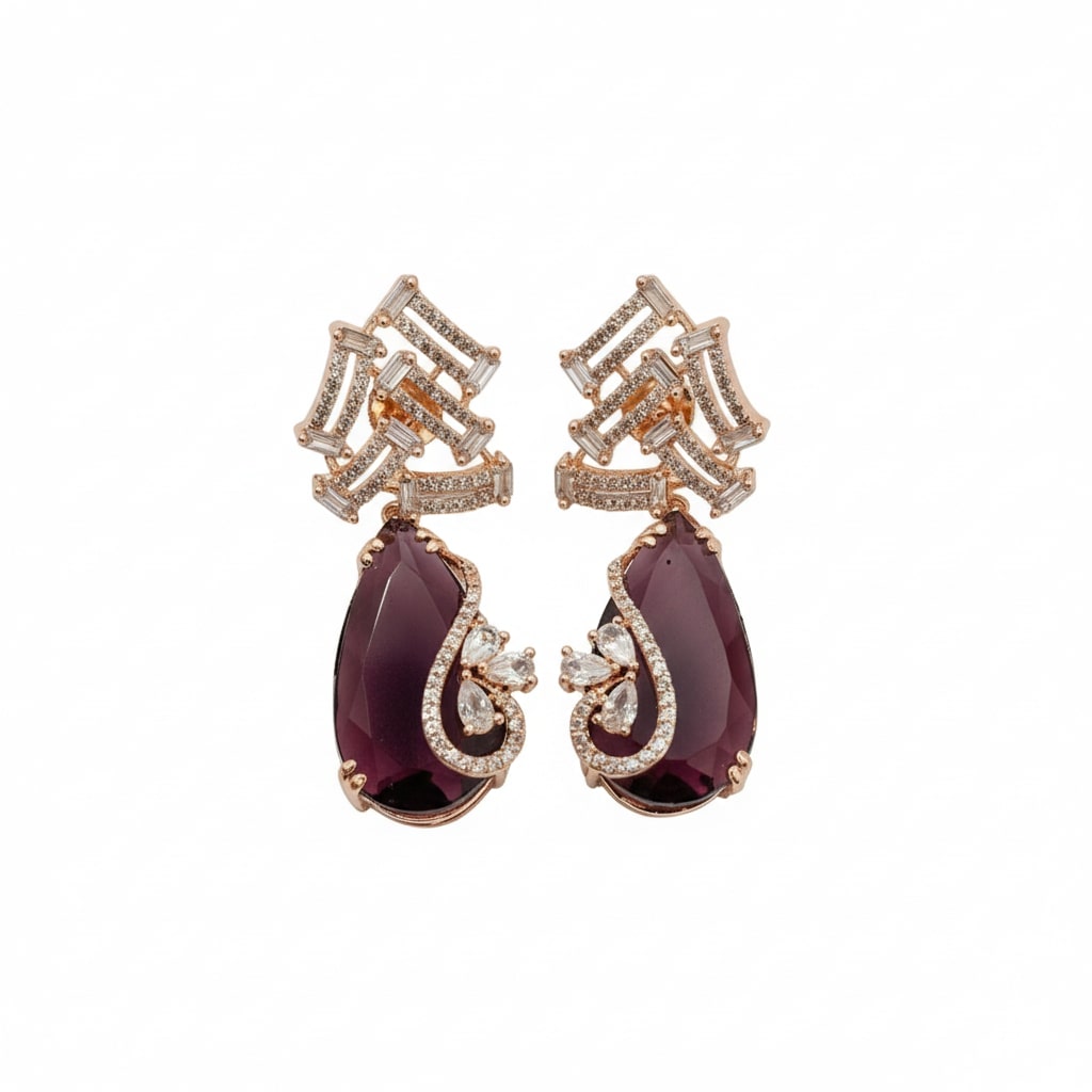 Gold Plated CZ Teardrop Drop Earrings with Geometric Layered Design
