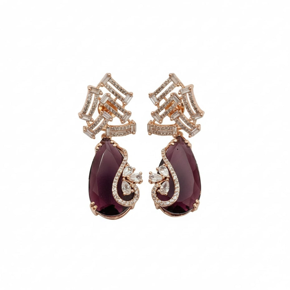 Gold Plated CZ Teardrop Drop Earrings with Geometric Layered Design