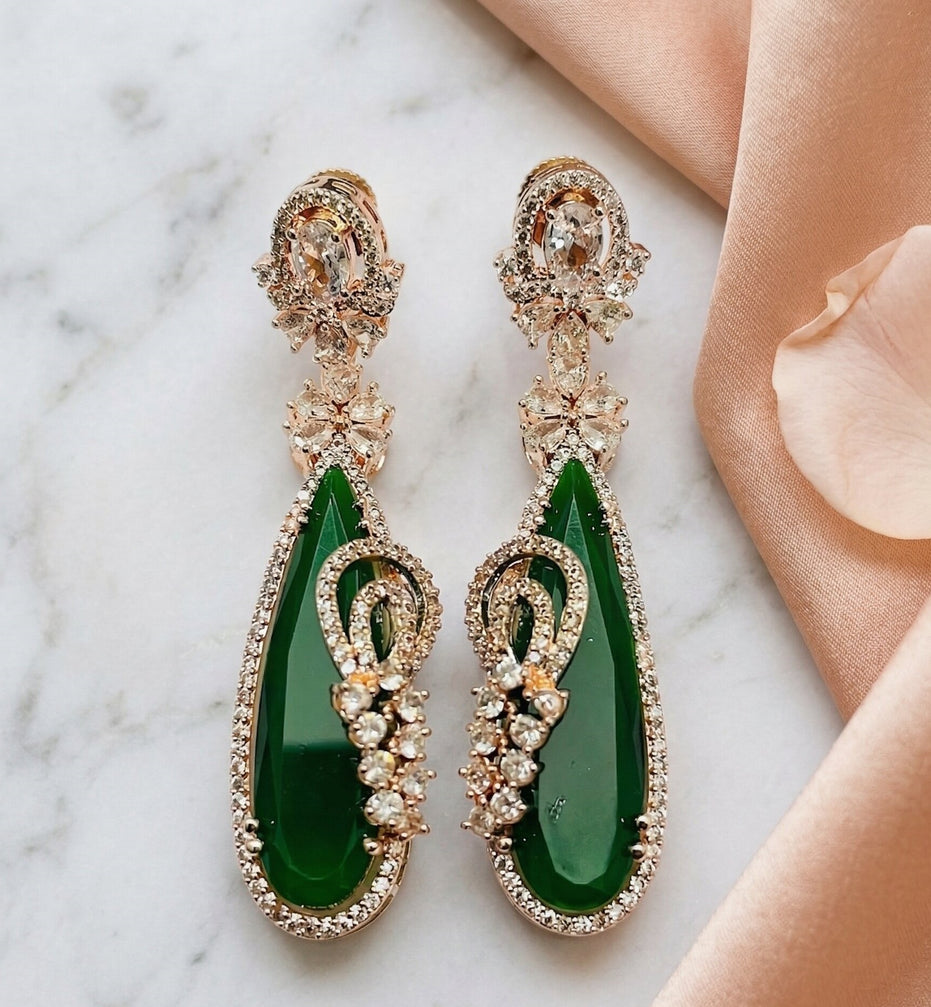 Gold Plated Statement Drop Earrings with Teardrop Stone & Floral Designer Detailing