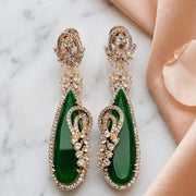 Gold Plated Statement Drop Earrings with Teardrop Stone & Floral Designer Detailing