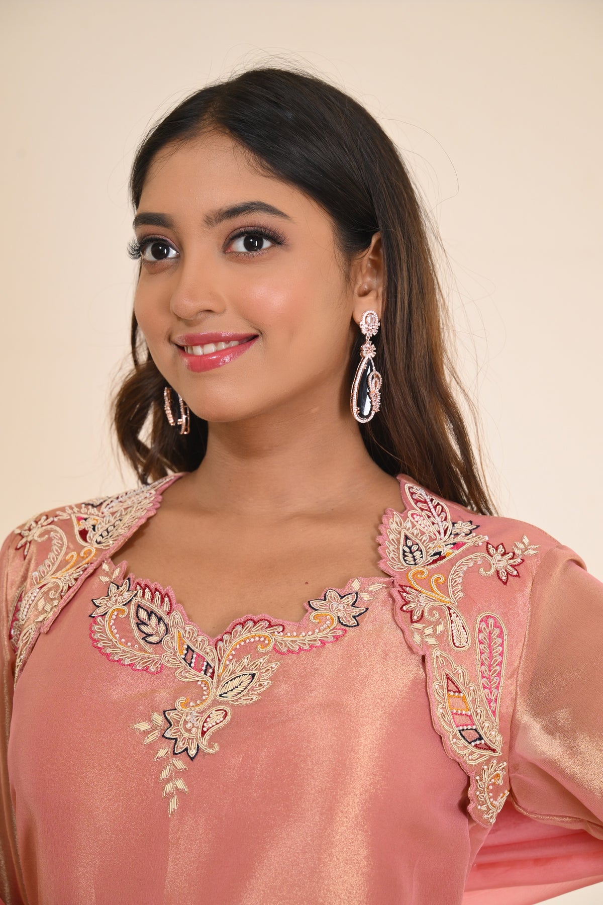 Gold Plated Statement Drop Earrings with Teardrop Stone & Floral Designer Detailing