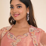 Gold Plated Statement Drop Earrings with Teardrop Stone & Floral Designer Detailing