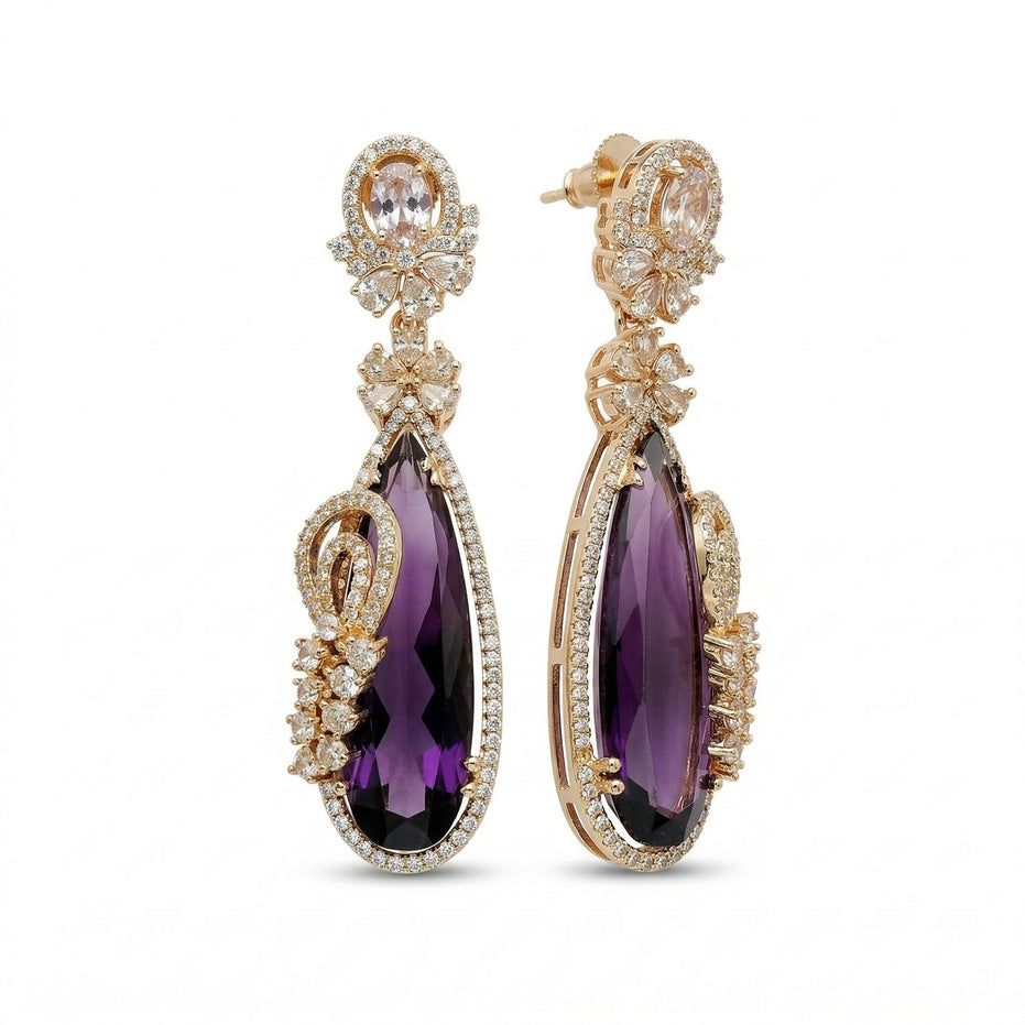 Gold Plated Statement Drop Earrings with Teardrop Stone & Floral Designer Detailing