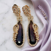 Gold Plated Statement Drop Earrings with Teardrop Stone & Floral Designer Detailing