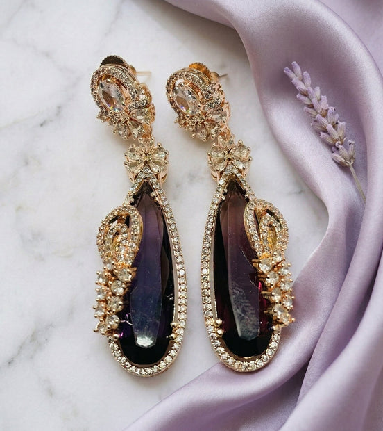 Gold Plated Statement Drop Earrings with Teardrop Stone & Floral Designer Detailing