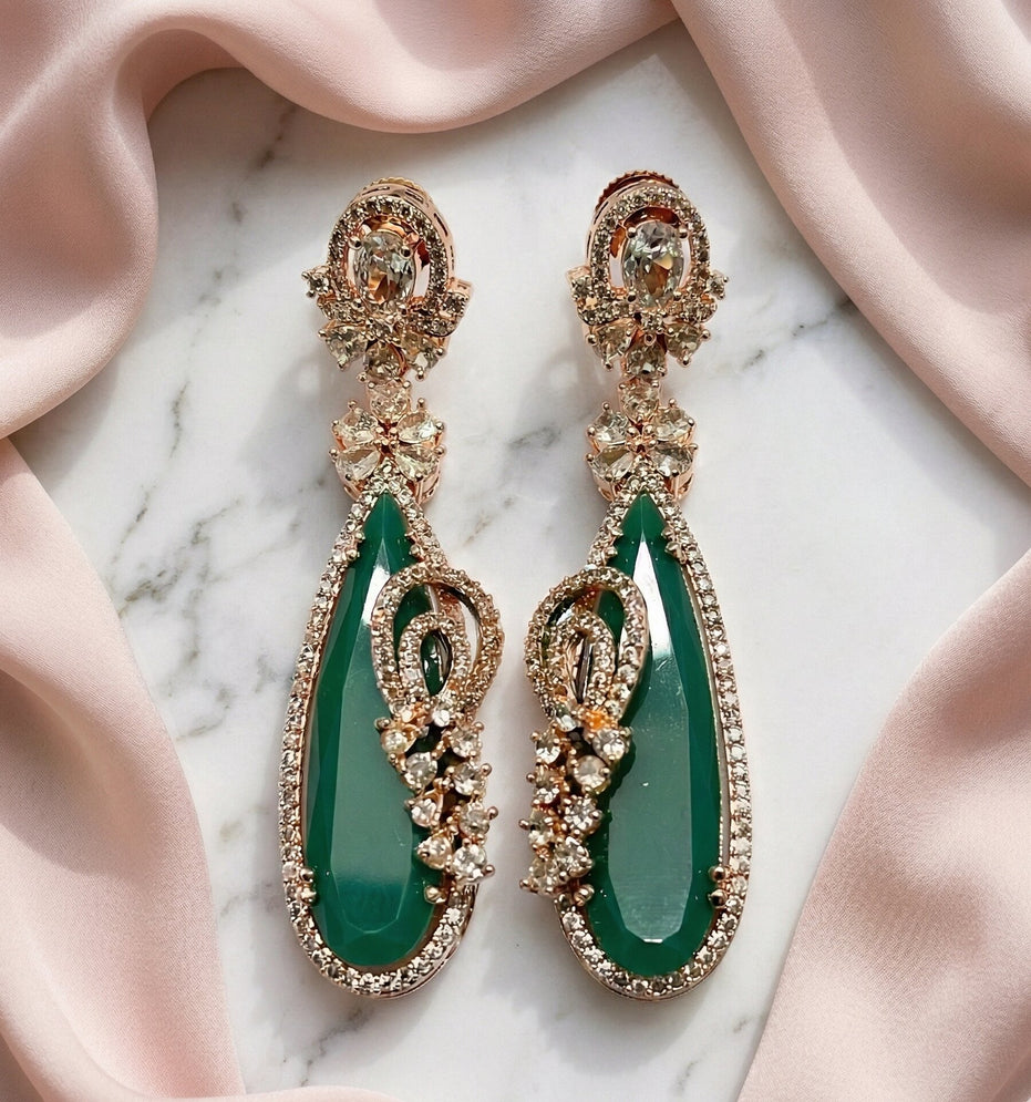 Gold Plated Statement Drop Earrings with Teardrop Stone & Floral Designer Detailing