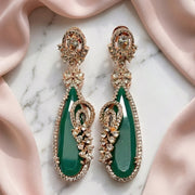 Gold Plated Statement Drop Earrings with Teardrop Stone & Floral Designer Detailing