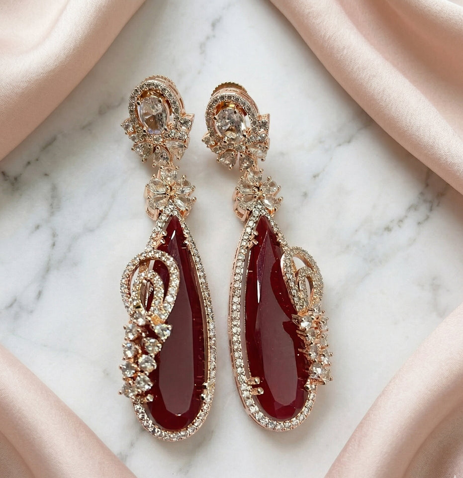 Gold Plated Statement Drop Earrings with Teardrop Stone & Floral Designer Detailing