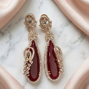 Gold Plated Statement Drop Earrings with Teardrop Stone & Floral Designer Detailing