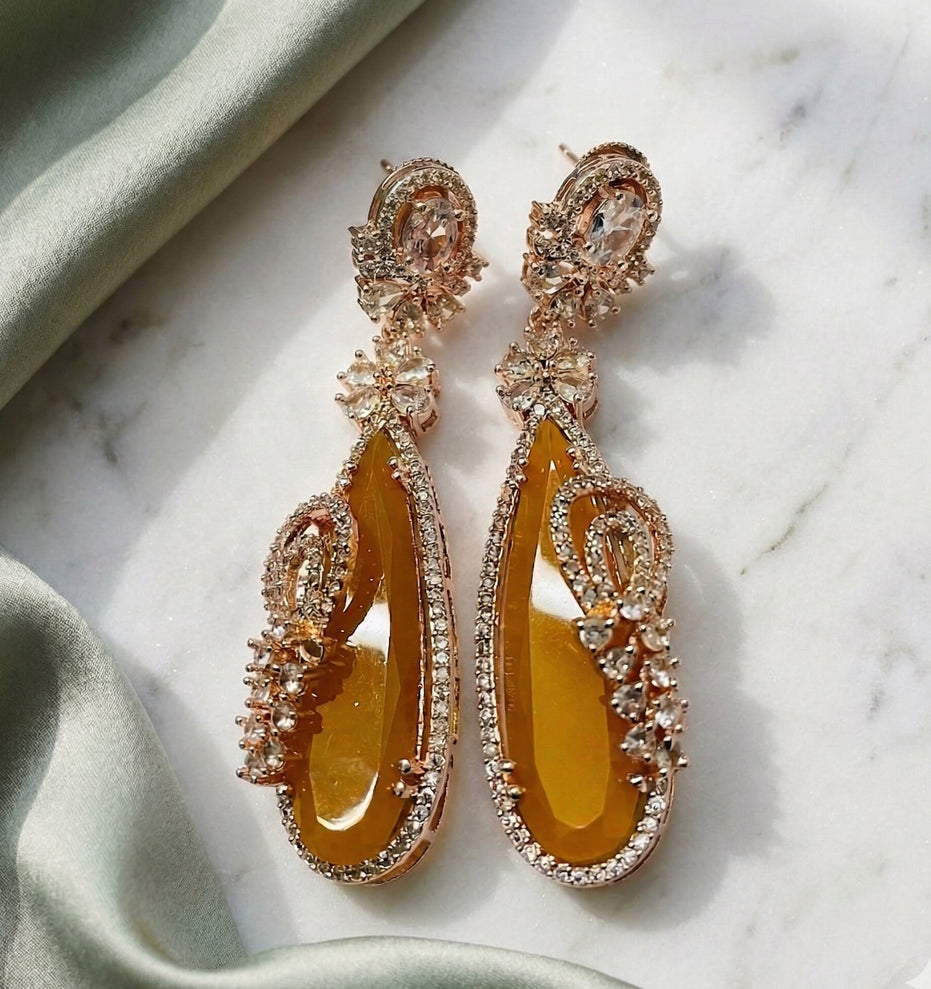 Gold Plated Statement Drop Earrings with Teardrop Stone & Floral Designer Detailing