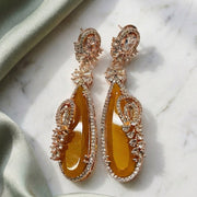 Gold Plated Statement Drop Earrings with Teardrop Stone & Floral Designer Detailing