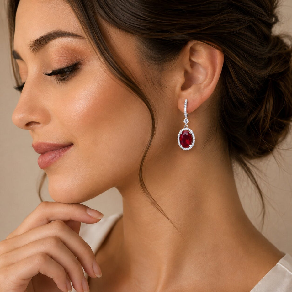 Rhodium Plated Oval Halo Drop Earrings with Sparkling Stone Accent
