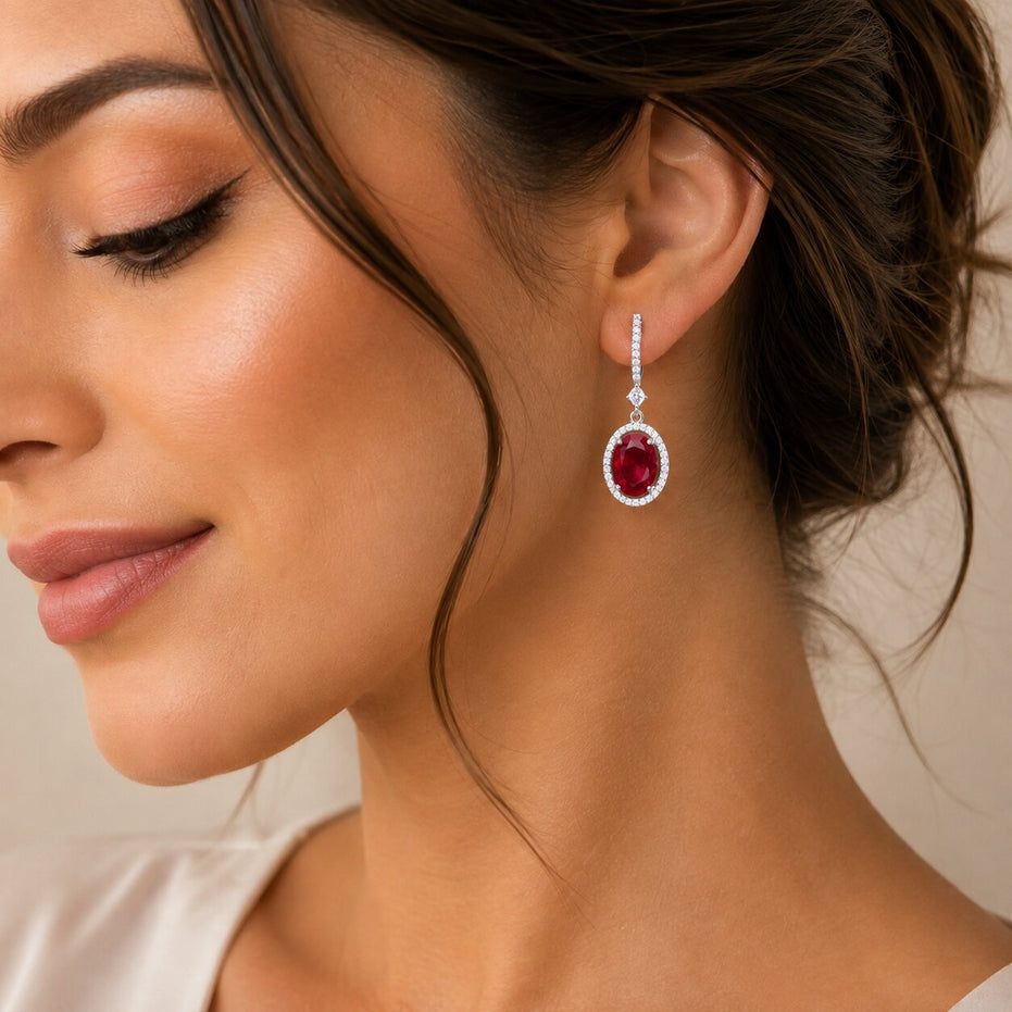 Rhodium Plated Oval Halo Drop Earrings with Sparkling Stone Accent