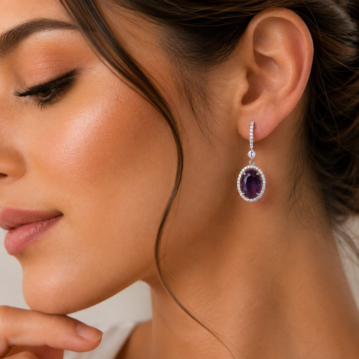 Rhodium Plated Oval Halo Drop Earrings with Sparkling Stone Accent