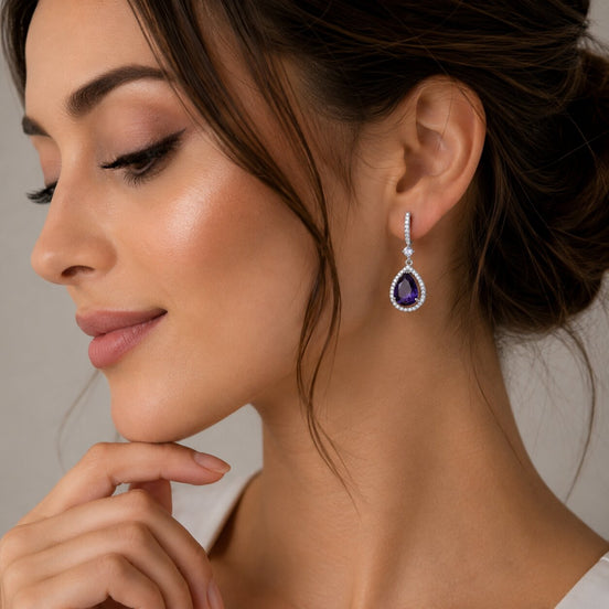 Rhodium Plated Oval Halo Drop Earrings with Sparkling Stone Accent