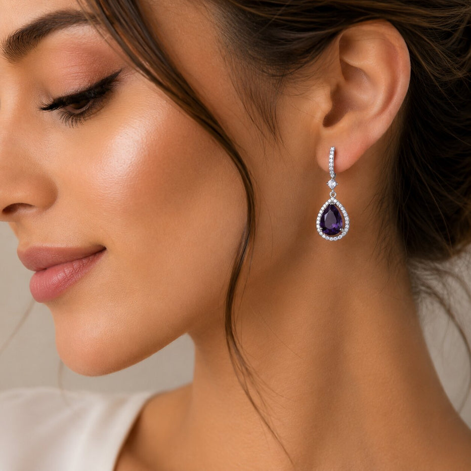 Rhodium Plated Oval Halo Drop Earrings with Sparkling Stone Accent