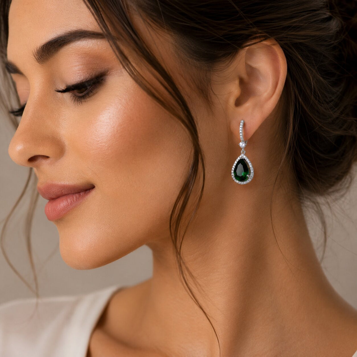 Rhodium Plated Oval Halo Drop Earrings with Sparkling Stone Accent