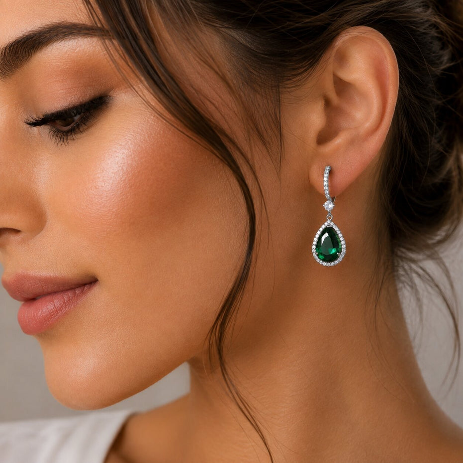 Rhodium Plated Oval Halo Drop Earrings with Sparkling Stone Accent