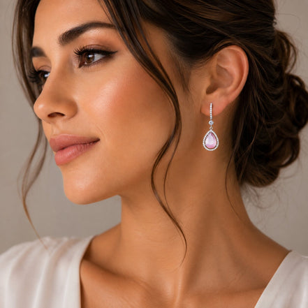 Rhodium Plated Pear Halo Drop Earrings with Sparkling Stone Accent