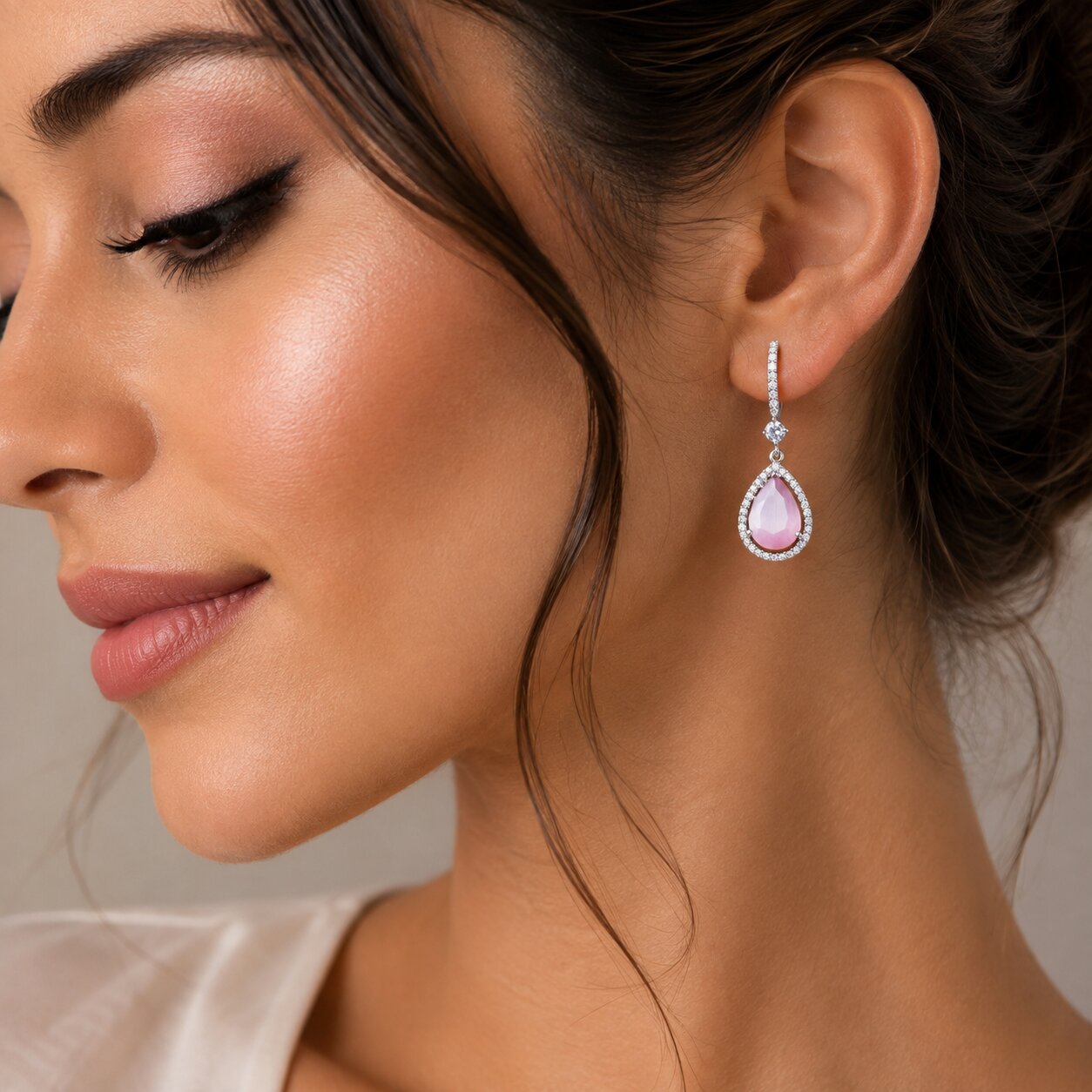 Rhodium Plated Pear Halo Drop Earrings with Sparkling Stone Accent