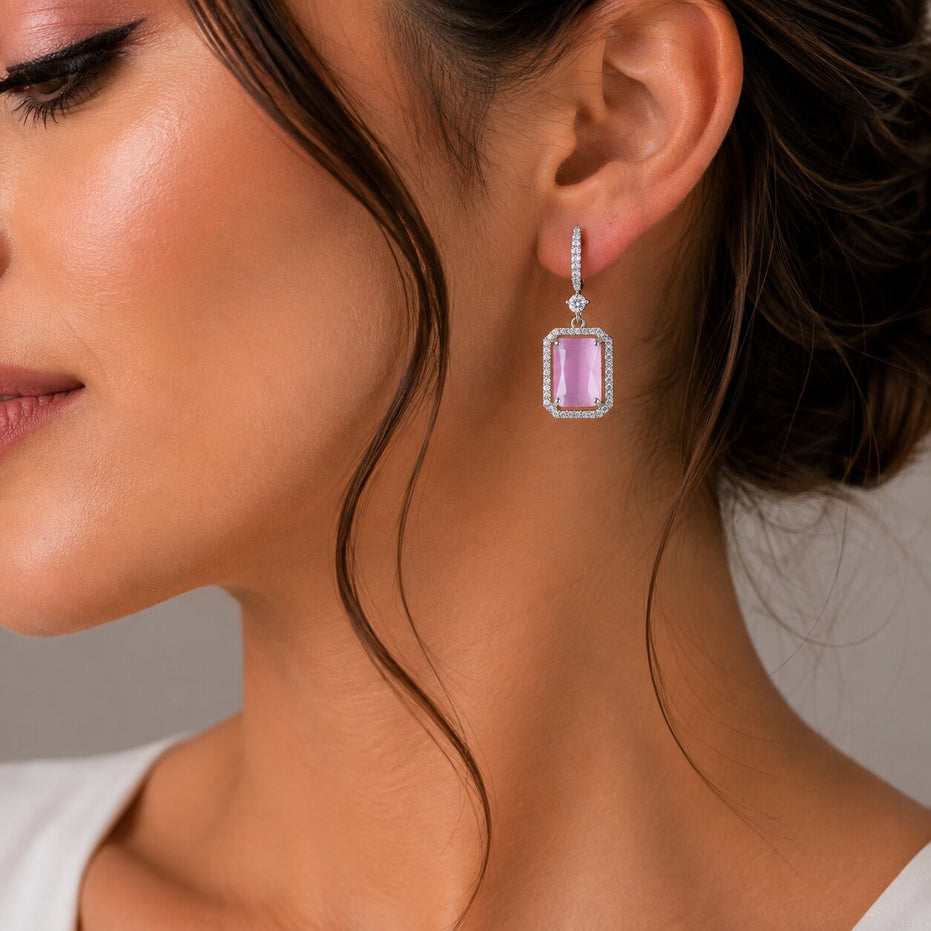 Rhodium Plated Emerald Cut Halo Drop Earrings with Sparkling Stone Accent
