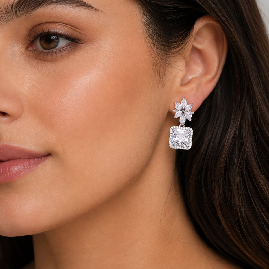 Rhodium Plated Square Halo Drop Earrings with Floral Stone Design