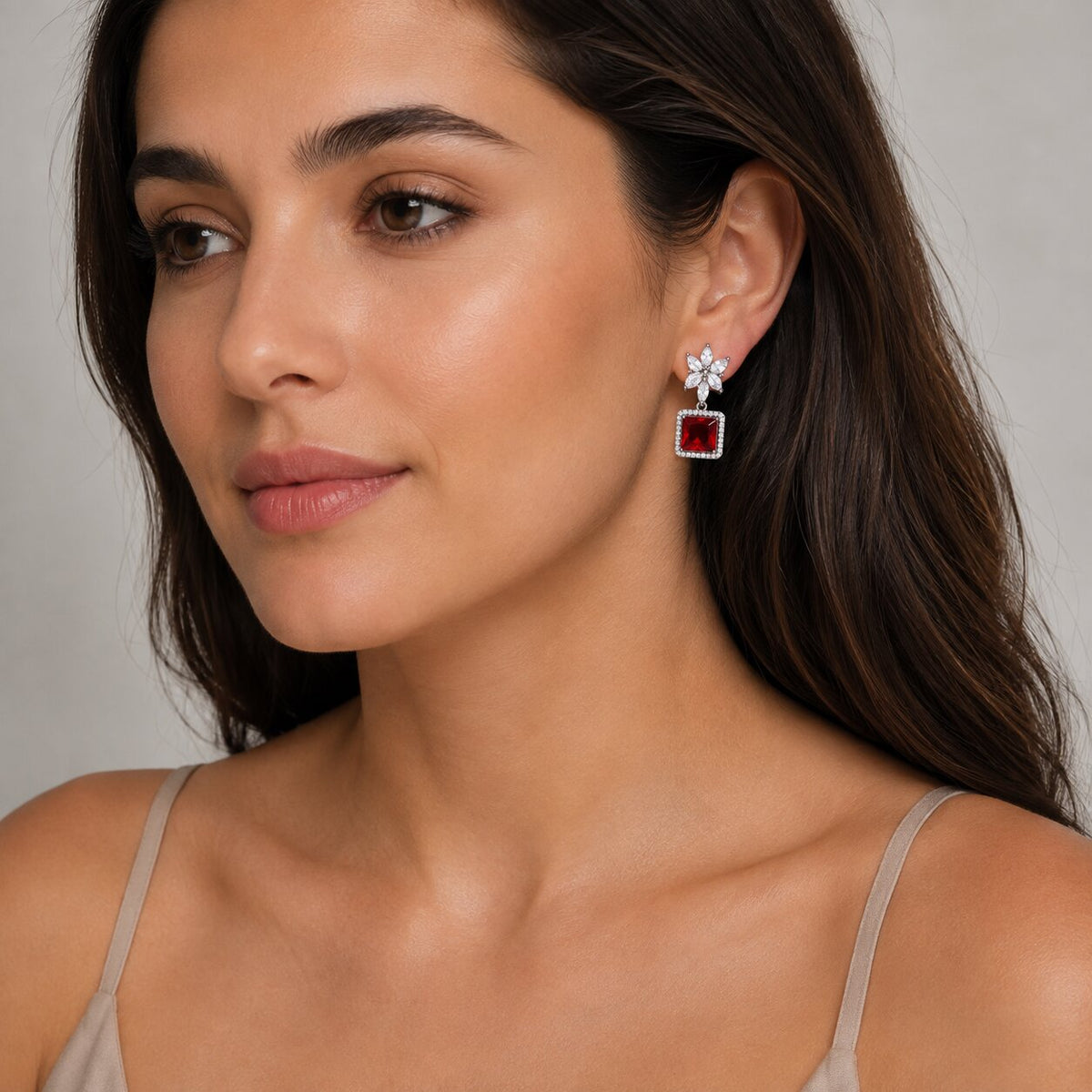 Rhodium Plated Square Halo Drop Earrings with Floral Stone Design