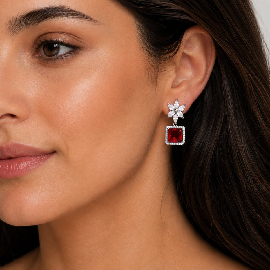 Rhodium Plated Square Halo Drop Earrings with Floral Stone Design