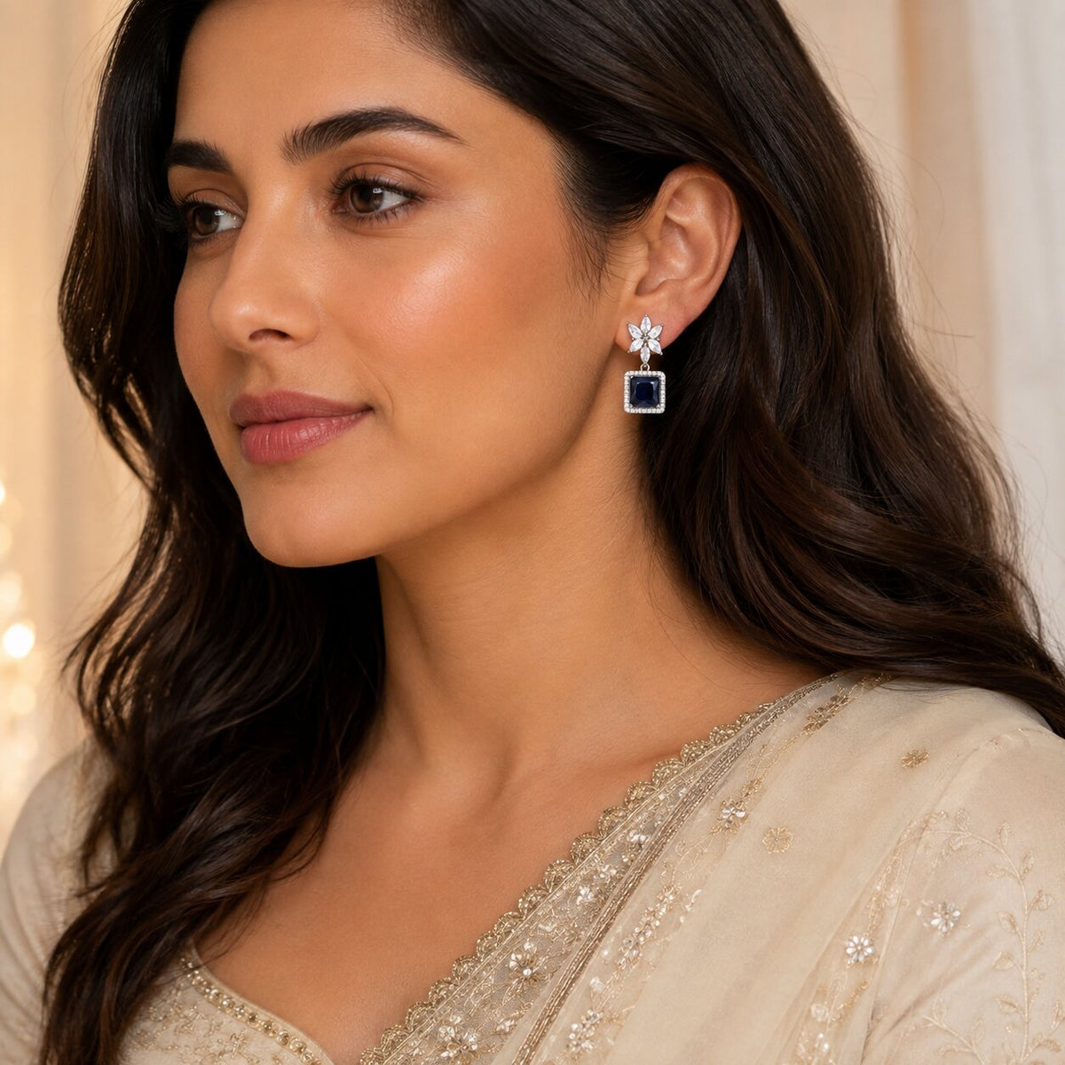 Rhodium Plated Square Halo Drop Earrings with Floral Stone Design