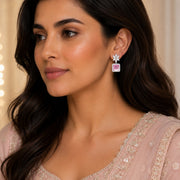 Rhodium Plated Square Halo Drop Earrings with Floral Stone Design