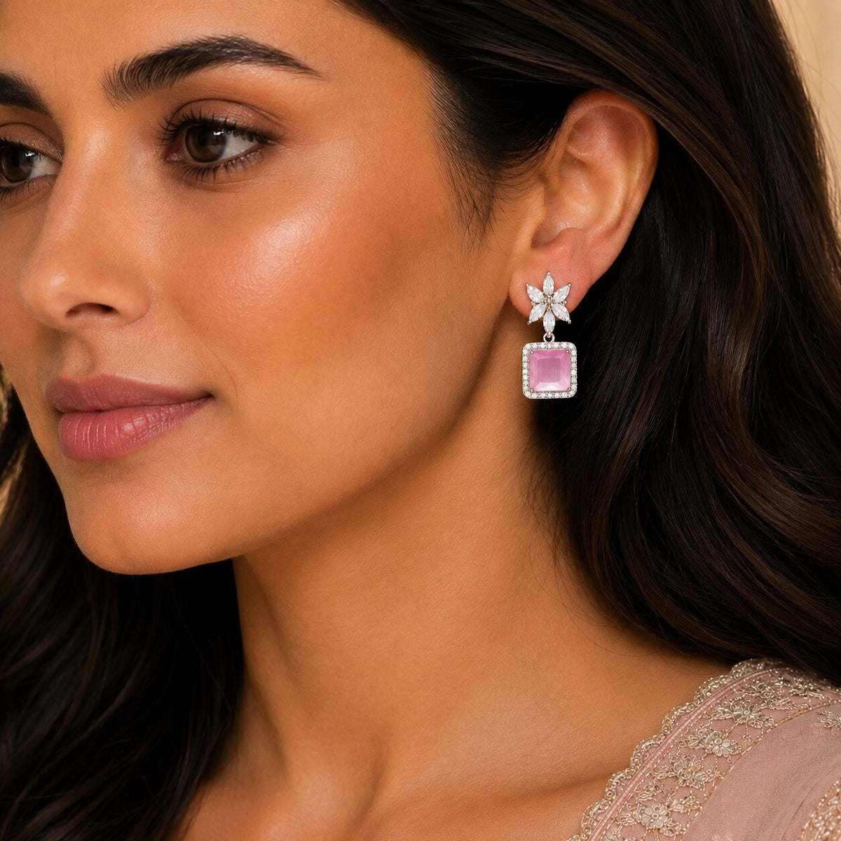 Rhodium Plated Square Halo Drop Earrings with Floral Stone Design