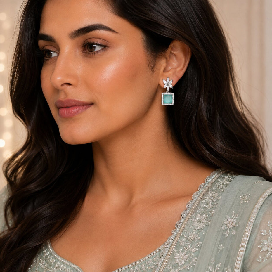 Rhodium Plated Square Halo Drop Earrings with Floral Stone Design
