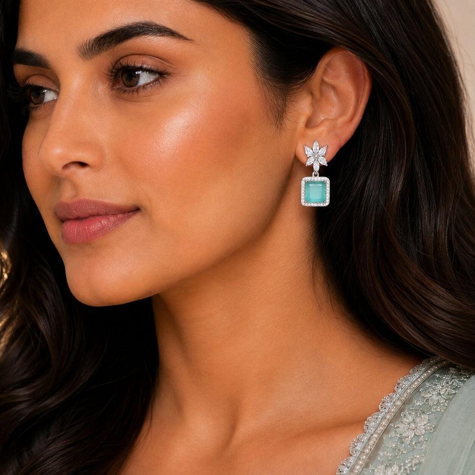 Rhodium Plated Square Halo Drop Earrings with Floral Stone Design